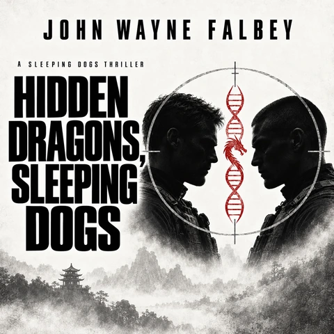 Hidden Dragons, Sleeping Dogs sample cover by John Wayne Falbey: opposing soldiers, a red DNA dragon, and misty mountains